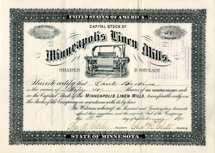 Minneapolis Linen Mills signed by Charles A. Pillsbury